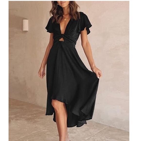 Satin V Neck Ruffle Short Sleeve Tie Front High Waist Midi A-Line Maxi Dresses - Picture 2 of 9